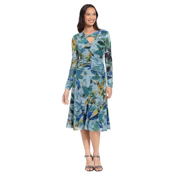 London Times Women's Twist Keyhole Neck Shirred Mesh Versatile Slimming Occasio